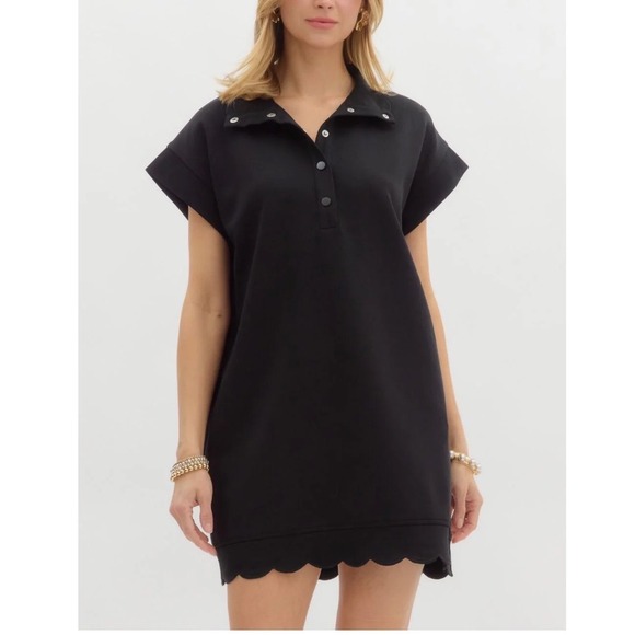 entro Dresses & Skirts - Entro Scalloped Hem Mini Dress Black Collared Short Sleeve Sweatshirt Plus Sz 2X